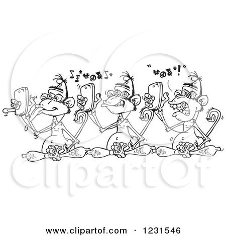 Clipart of Black and White Three Wise Monkeys Using Cell Phone Music Players - Royalty Free Vector Illustration by Dennis Holmes Designs