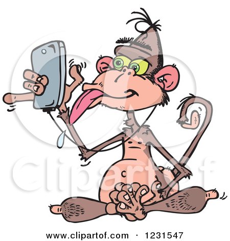 Clipart of a Drooling Wise Monkey Using a Cell Phone Music Player - Royalty Free Vector Illustration by Dennis Holmes Designs