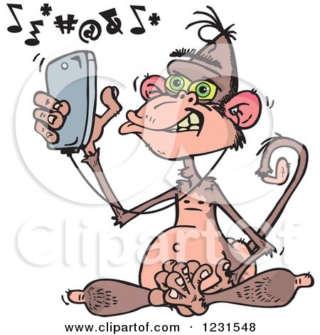 Clipart of a Mad Wise Monkey Texting and Listening to Music on a Cell Phone - Royalty Free Vector Illustration by Dennis Holmes Designs