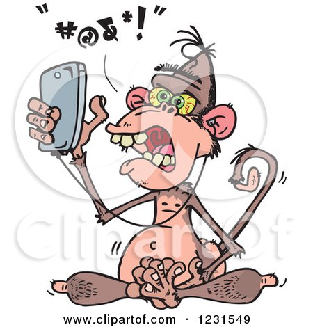 Clipart of a Furious Wise Monkey Texting and Listening to Music on a Cell Phone - Royalty Free Vector Illustration by Dennis Holmes Designs