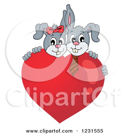 Clipart of a Valentine Bunny Rabbit Couple Behind a Heart - Royalty Free Vector Illustration by visekart