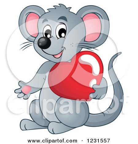 Clipart of a Cute Gray Mouse Holding a Valentine Heart - Royalty Free Vector Illustration by visekart