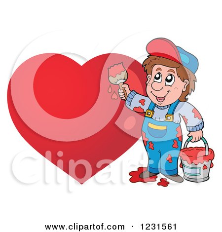 Clipart of a Young Man Painting a Red Heart - Royalty Free Vector Illustration by visekart