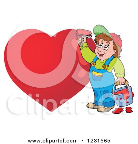 Clipart of a Happy Man Painting a Red Heart - Royalty Free Vector Illustration by visekart