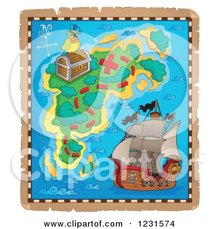 Clipart of a Pirate Ship and Parrot on a Treasure Map - Royalty Free Vector Illustration by visekart