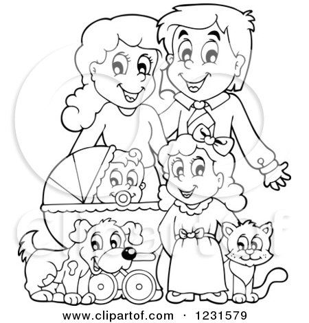 Clipart of Happy Outlined Parents with a Baby Daughter Dog and Cat - Royalty Free Vector Illustration by visekart