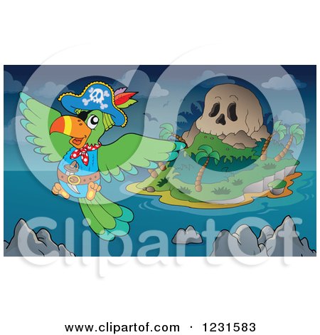 Clipart of a Pirate Parrot near a Skull Island - Royalty Free Vector Illustration by visekart