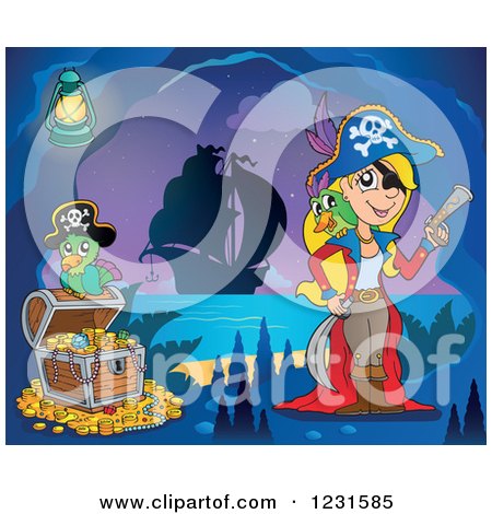 Clipart of a Pirate Parrot and Girl with Treasure in a Cave - Royalty Free Vector Illustration by visekart