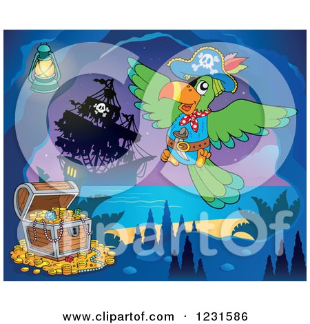 Clipart of a Pirate Parrot with Treasure in a Cave - Royalty Free Vector Illustration by visekart