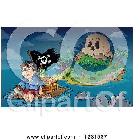 Clipart of a Pirate Floating Away from a Skull Island - Royalty Free Vector Illustration by visekart