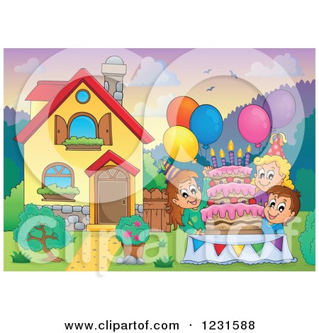 Clipart of a Birthday Party Kids in a Home's Front Yard - Royalty Free Vector Illustration by visekart