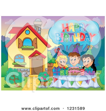 Clipart of Birthday Party Kids with a Greeting in a Home's Front Yard - Royalty Free Vector Illustration by visekart