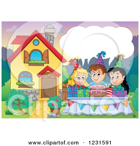 Clipart of a Talking Birthday Party Kids in a Home's Front Yard - Royalty Free Vector Illustration by visekart