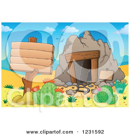 Clipart of a Wooden Sign Post by a Mining Cave in a Desert - Royalty Free Vector Illustration by visekart