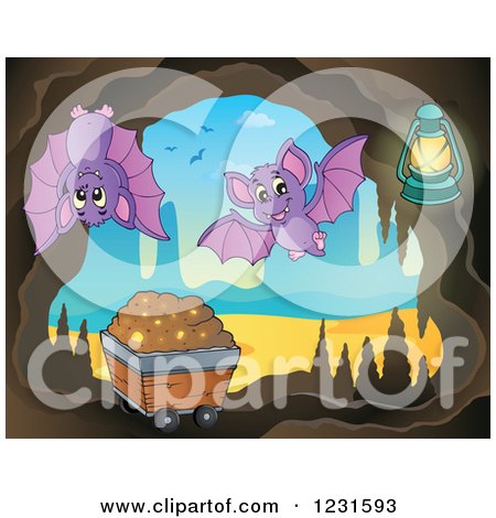 Clipart of Bats in a Cave with a Mining Cart - Royalty Free Vector Illustration by visekart