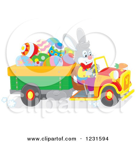 Clipart of a Happy Easter Bunny Driving a Truck Full of Eggs - Royalty Free Vector Illustration by Alex Bannykh