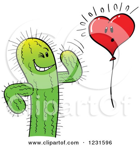 Clipart of a Spiky Cactus and Scared Heart Balloon - Royalty Free Vector Illustration by Zooco