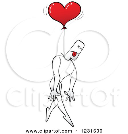Clipart of a Man Hung by a Heart Balloon - Royalty Free Vector Illustration by Zooco