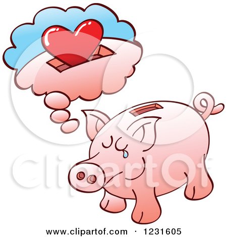 Clipart of a Lonely Piggy Bank Daydreaming of a Heart - Royalty Free Vector Illustration by Zooco