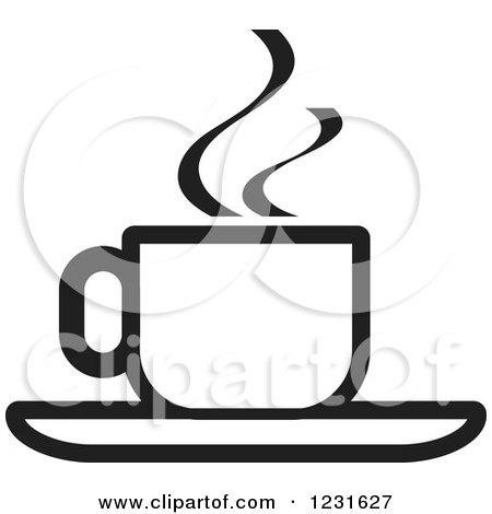 Clipart of a Black and White Steamy Tea Cup and Saucer Icon - Royalty Free Vector Illustration by Lal Perera