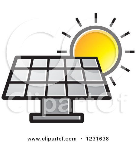 Clipart of a Sun over a Silver Solar Panel Icon - Royalty Free Vector Illustration by Lal Perera