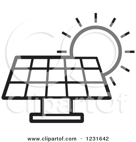 Clipart of a Black and White Sun over a Solar Panel Icon - Royalty Free Vector Illustration by Lal Perera