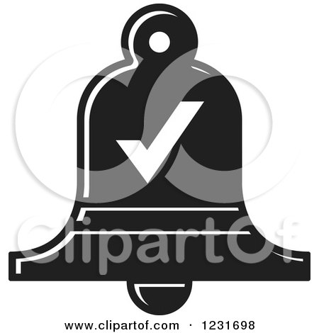 Clipart of a Black and White Bell with a Check Mark Icon - Royalty Free Vector Illustration by Lal Perera