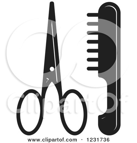 Clipart of a Black and White Scissors and a Comb Icon - Royalty Free Vector Illustration by Lal Perera