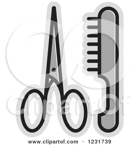 Clipart of a Gray Scissors and a Comb Icon - Royalty Free Vector Illustration by Lal Perera