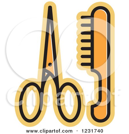 Clipart of an Orange Scissors and a Comb Icon - Royalty Free Vector Illustration by Lal Perera