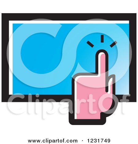 Clipart of a Pink Hand over a Blue Touch Screen Icon - Royalty Free Vector Illustration by Lal Perera