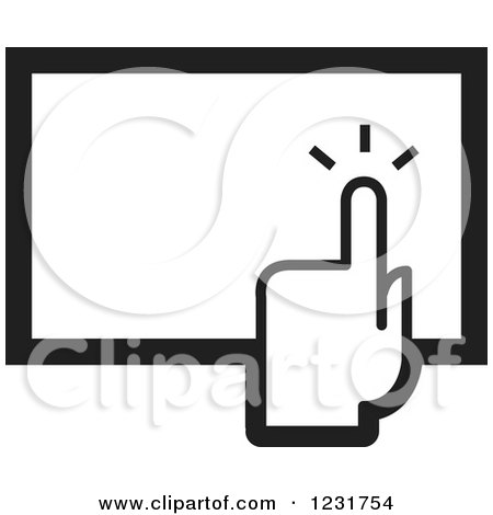 Clipart of a Black and White Hand over a Touch Screen Icon - Royalty Free Vector Illustration by Lal Perera