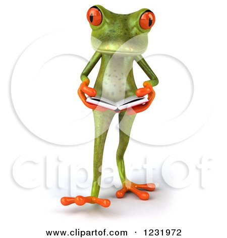 Clipart of a 3d Springer Frog Walking and Reading a Book 2 - Royalty Free Illustration by Julos