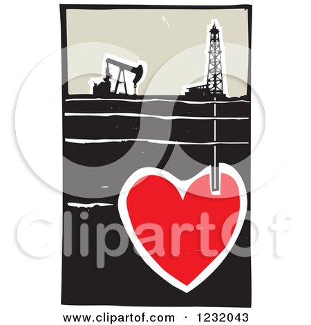 Clipart of a Woodcut Oil Rig and Drilling for Blood in a Heart - Royalty Free Vector Illustration by xunantunich