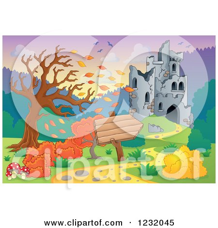 Clipart of a Castle in Ruins and Autumn Landscape with a Sign 2 - Royalty Free Vector Illustration by visekart