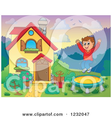 Clipart of a Boy Jumping on a Trampoline in a Yard - Royalty Free Vector Illustration by visekart