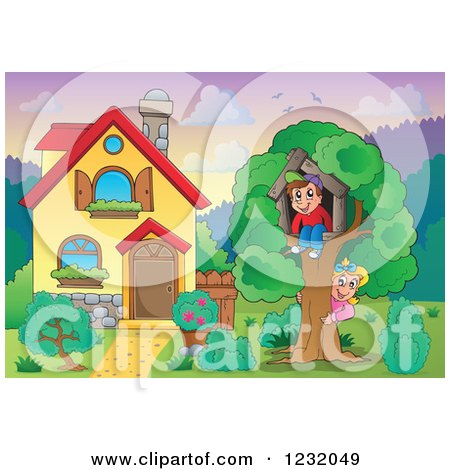 Clipart of Kids Playing in a Tree House in a Home's Front Yard - Royalty Free Vector Illustration by visekart