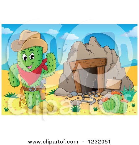 Clipart of a Cowboy Cactus by a Mining Cave in a Desert - Royalty Free Vector Illustration by visekart