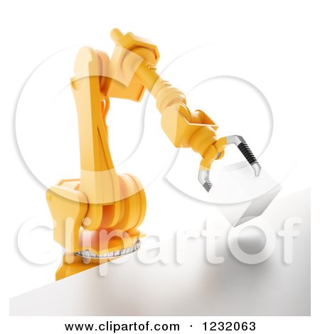 Clipart of a 3d Assembly Robotic Arm Holding a Box, on White - Royalty Free Illustration by Mopic