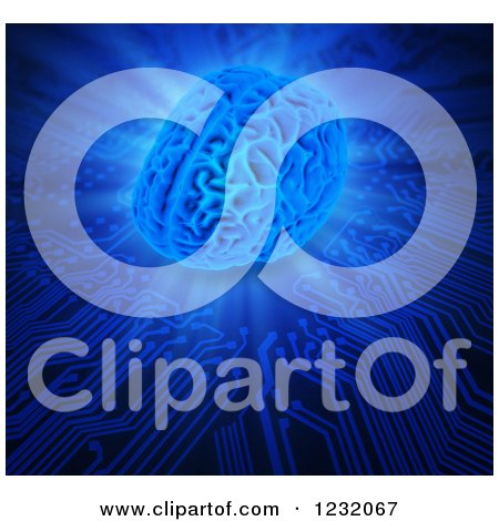 Clipart of a 3d Blue Artificial Intelligence Brain Glowing on a Circuit Board - Royalty Free Illustration by Mopic