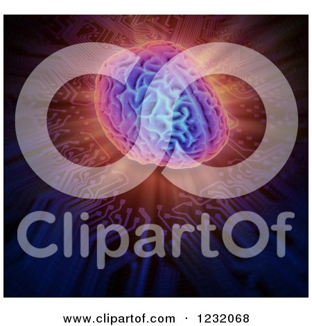 Clipart of a 3d Artificial Intelligence Brain Glowing on a Circuit Board - Royalty Free Illustration by Mopic