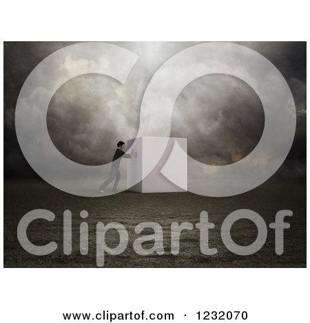 Clipart of a 3d Determined Man Pushing a Cube Through a Gloomy Landscape - Royalty Free Illustration by Mopic