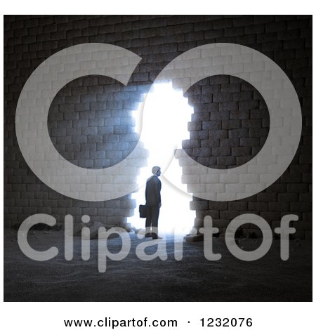 Clipart of a 3d Businessman at a Bright Key Hole in a Wall - Royalty Free Illustration by Mopic