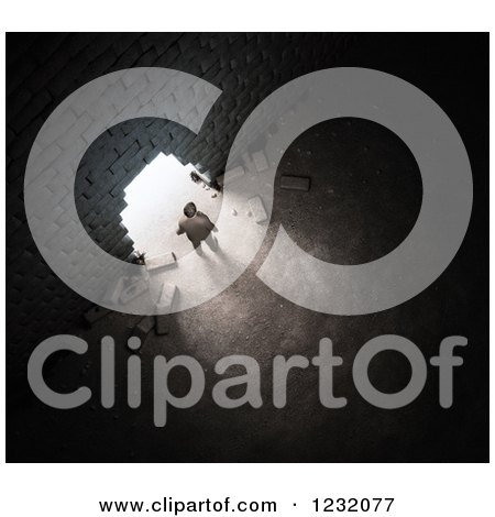 Clipart of a 3d Businessman at a Bright Hole in a Wall - Royalty Free Illustration by Mopic