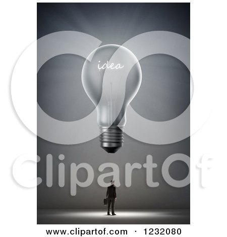 Clipart of a 3d Businessman Under a Giant Idea Light Bulb - Royalty Free Illustration by Mopic