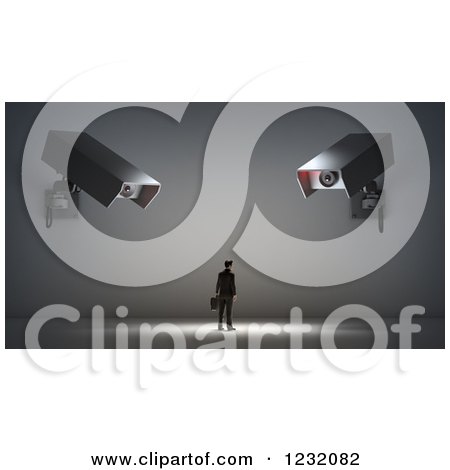 Clipart of a 3d Businessman Under Giant Video Surveillance Cameras - Royalty Free Illustration by Mopic