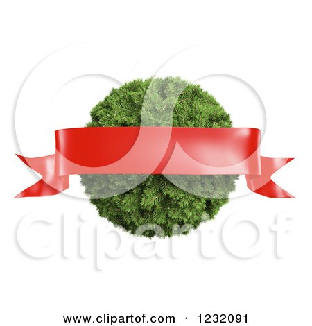 Clipart of a 3d Red Ribbon Banner over a Christmas Pine Bauble, on White - Royalty Free Illustration by Mopic