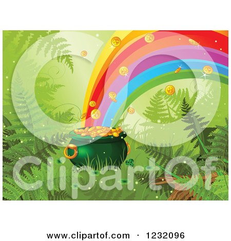 Clipart of a St Patricks Day Pot of Gold with Ferns at the End of a Rainbow - Royalty Free Vector Illustration by Pushkin