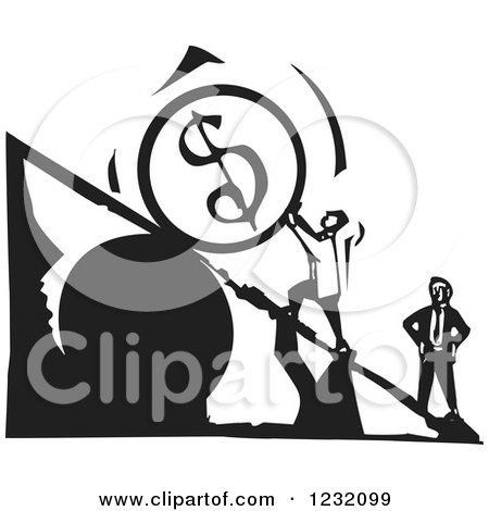 Clipart of a Woodcut Black and White Man Pushing a Dollar Currency Boulder up a Stock Market Plank - Royalty Free Vector Illustration by xunantunich