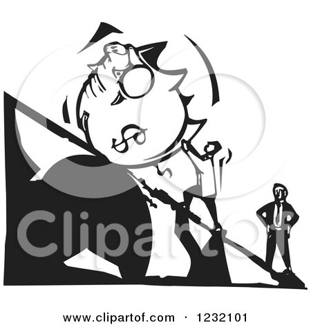 Clipart of a Woodcut Black and White Man Pushing a Dollar Piggy Bank up a Stock Market Plank - Royalty Free Vector Illustration by xunantunich